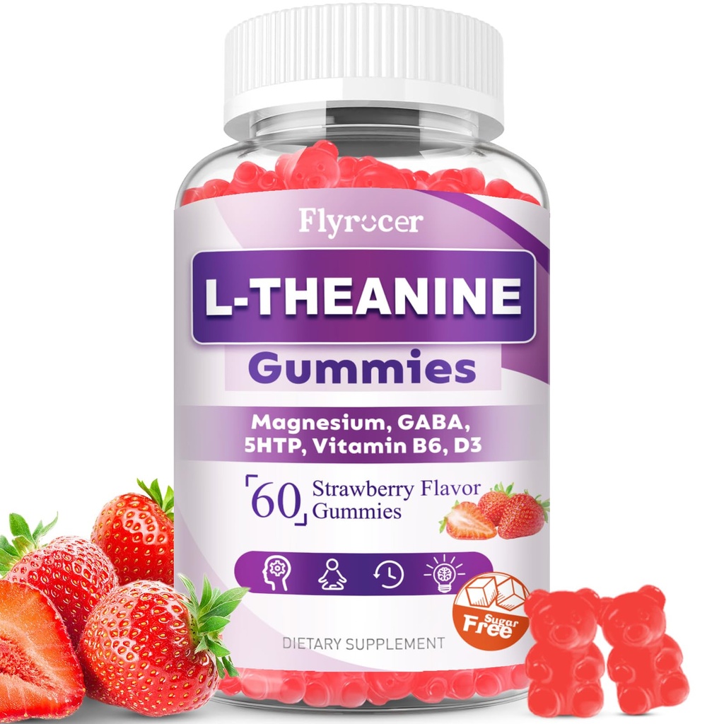 Sans sucre L-Theanine Gummies, L Theanine Supplément pour les adultes et les enfants, L'Theanine avec Ashwagandha, Magnésium, 5HTP & GABA - Soutien Calme, Relax, zzZ, Focus, Fraise végétalienne parfum, 60 comte
