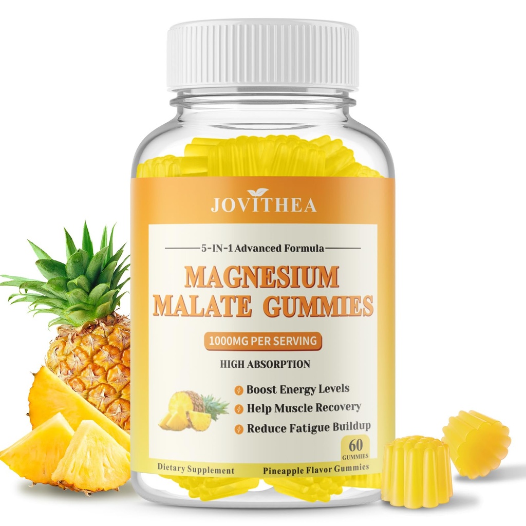 Magnesium Malate Gummies 1000mg, High Absorption Magnesium Supplements for Adults & Kids, with L-Theanine, CoQ10 & Vitamin B6, Support Energy Production, Muscle Function, Non-GMO, Vegan, 60 Ct