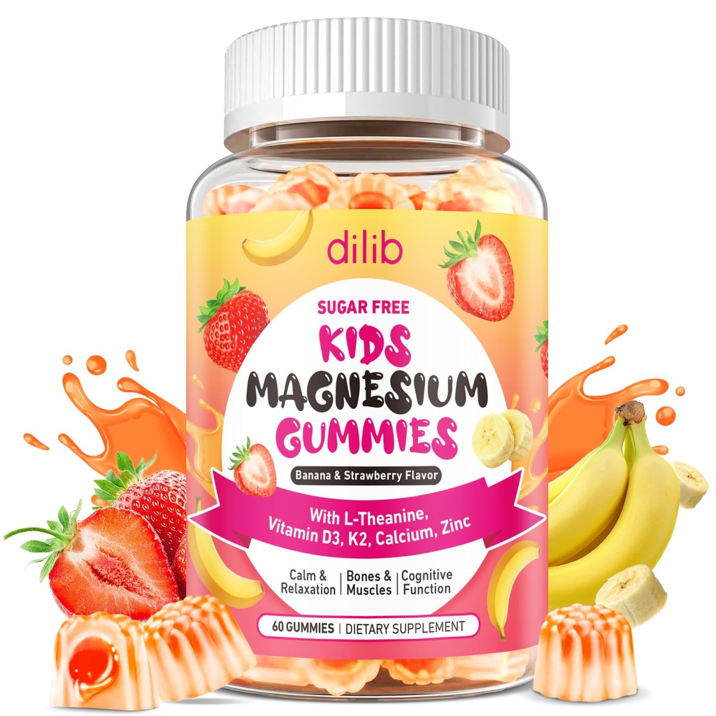 Magnesium Glycinate Gummies for Kids - with L-Theanine, Ashwagandha, Vitamin D3 K2, Magnesium for Kids - Sleep, Calm, Muscle, Relaxation, Cognitive, Sugar Free Strawberry & Banana Filled Gummies 60ct