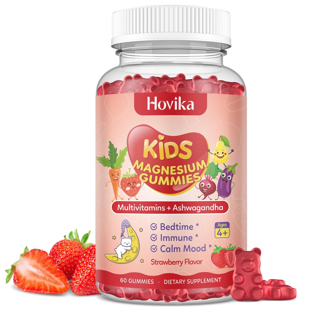 Glycinat de magnésium pour les enfants - Supplément de magnésium avec L-Theanine, Camomille et multivitamines pour les enfants et les adultes Dormir, Calme, Relaxation, Sans sucre Fraise Flavor 60 Gummies
