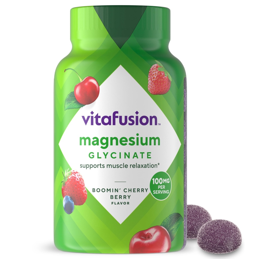 vitafusion Magnesium Glycinate Gummy Supplement, 100 mg per Serving Supports Muscle Relaxation (1) for Adult Women & Men, Boomin’ Cherry Berry Flavor, 60 Count