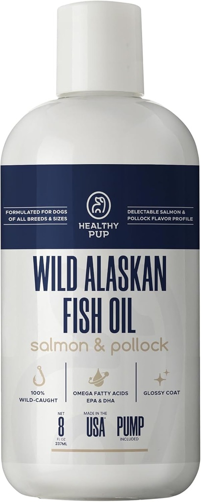 Huile de saumon sauvage de l'Alaska pour chiens avec Pollock - 8 oz d'huile de Pollock et de saumon, Omega 3, EPA et DHA - Supplément de peau et de manteau pour chiens - Fabriqué aux États-Unis