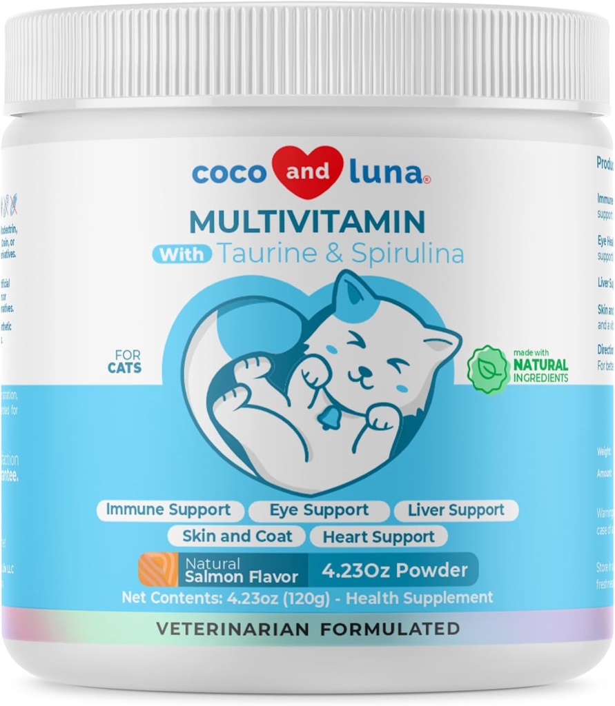 Multivitamine pour chats - poudre de 4 oz - L-Lysine, Taurine et Spiruline pour le soutien immunitaire et la santé oculaire - Huile de poisson et vitamines pour la peau et la santé cardiaque. (pour les chats)