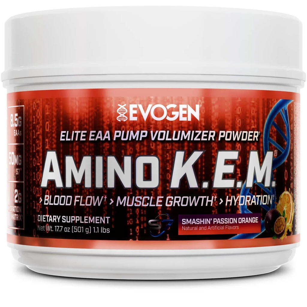 Evogen Amino KEM - Elite EAA Pump Volumizer (Volumisateur de pompe) prend en charge le flux sanguin, la croissance musculaire, l'hydratation (FEA) et les BCAA, mélange d'oxyde nitrique S7 Smashin' Passion Orange (30 portions)