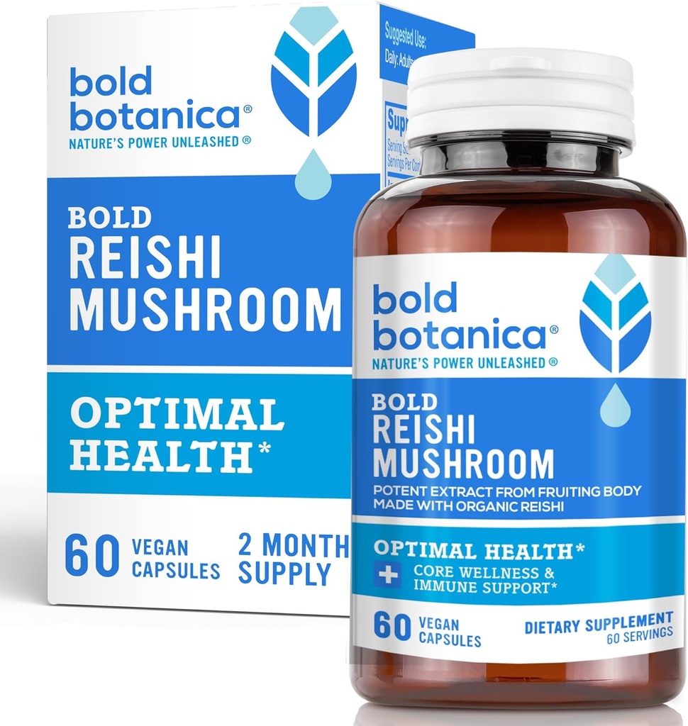 Bold Botanica Reishi Mushroom Capsules - 100% Corps Fruit - Extrait de Reishi biologique concentré pour le soutien immunitaire et le bien-être de base - Non Mycelia & Non Grain - 60 Capsules Vegan