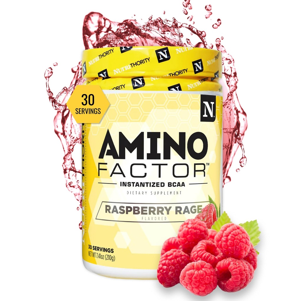 Nutrithority - BCAA poudre, post-entraînement récupération poudre avec BCAAs acides aminés L-Isoleucine, L-Leucine, et L-Valine, améliorer la récupération musculaire et l'hydratation, sans sucre (Rage de framboises) (30 portions)