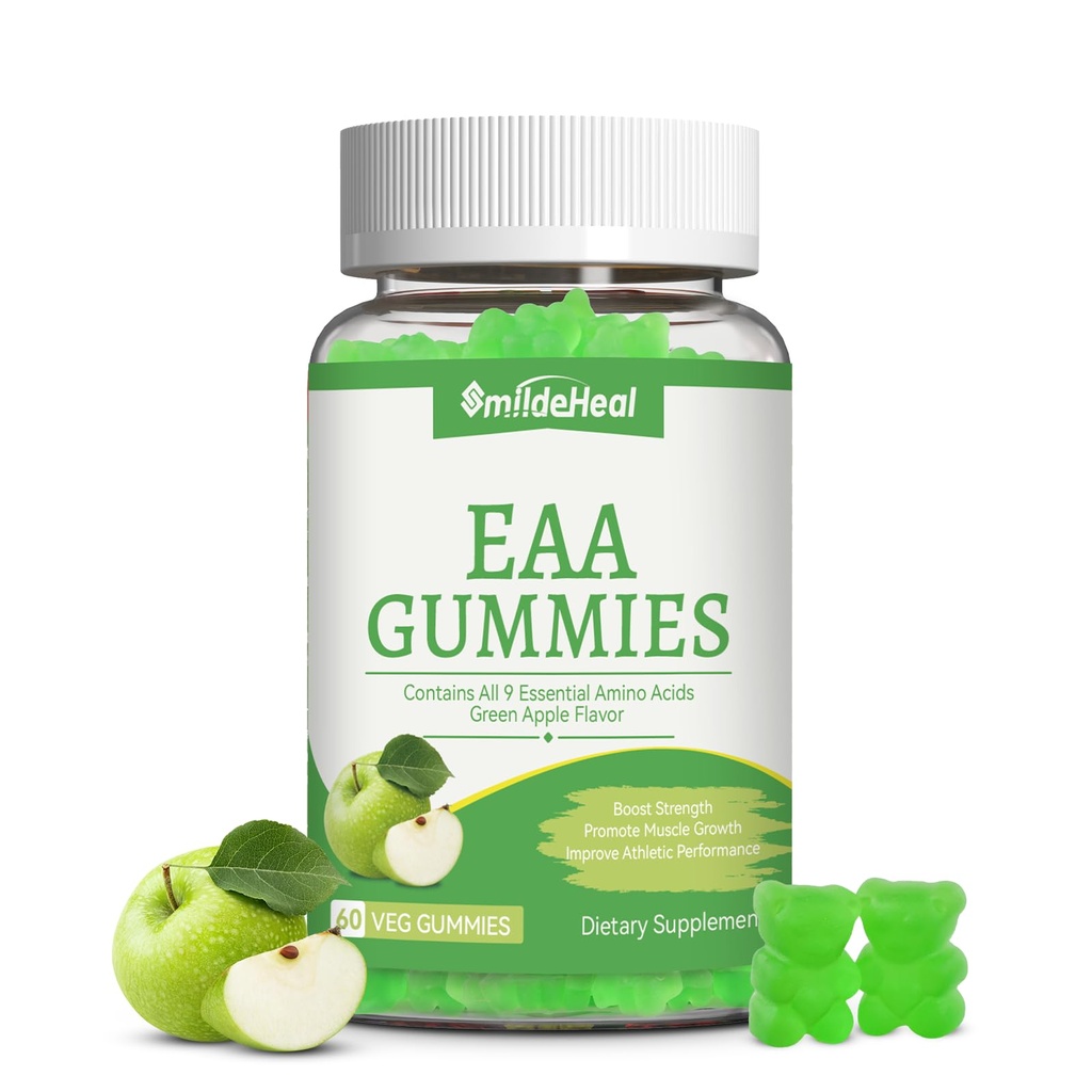 SmideHeal EAA Gummies, 5750 mg Acides aminés essentiels - Tous les 9 Aminos essentiels (EAA) et tous les Aminos à chaîne ramifiée (BCAA), non-OGM, sans gluten, respectueux des végétaux, saveur de pomme, 60 Gummies