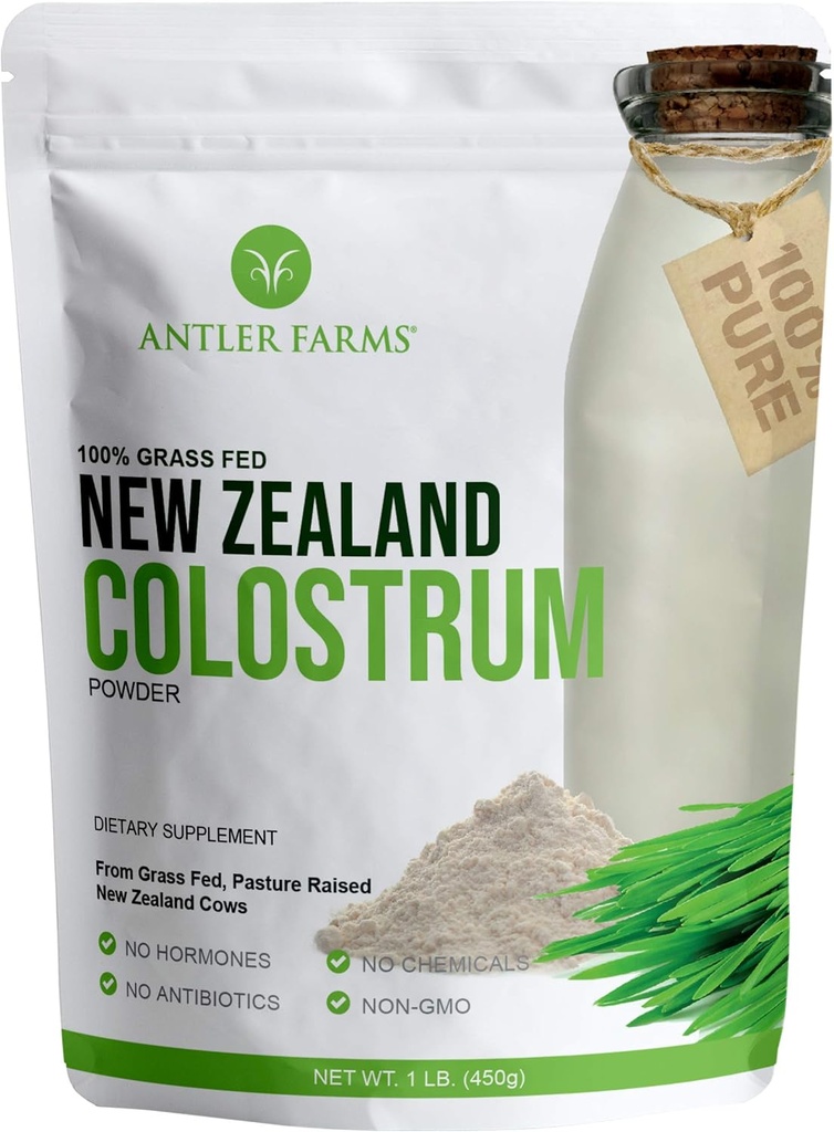Antler Farms 100% Pure New Zealand Colostrum, 30 portions, 1 lb - Grass Fed, pâturage élevé, source propre, froid traité, non dilué, haute teneur en IgG