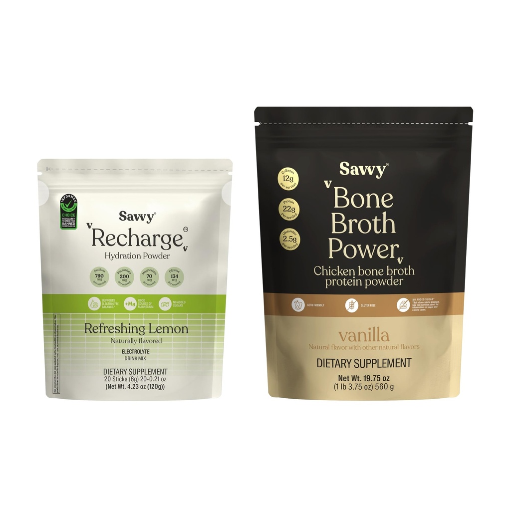 SAVVY Bone Broth Power Vanilla Protéines Poudre, 22g Protéines, 12g Collagène et Recharge Poudre d'électrolyte, sans sucre boisson d'hydratation consciente avec sodium, magnésium, potassium, Glycine, citron