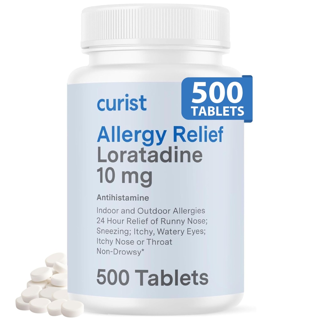 Curist Loratadine 10mg Bulk - 500 Compte - Toute la journée non somnolence Allergie Médecine - 24 heures Antihistamine Comprimés pour Runny Nez, Itchy Yeux, & Éternuer - Intérieur et Extérieur Allergie Médecine pour adultes