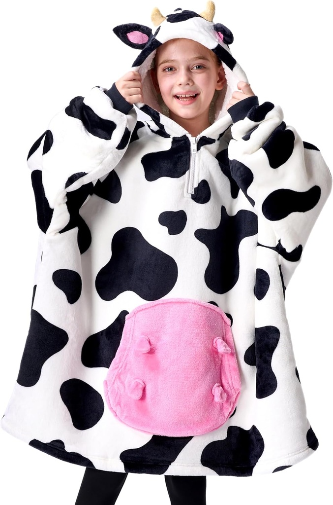 Guggling Getup Wearable Blanket Hoodie pour les filles et les garçons Sherpa Fleece Hooted Blanket Sweatshirt Warm Cozy Sherpa Wearable lancer surdimensionné Hoodie avec poche géante et manches pour les enfants Vache