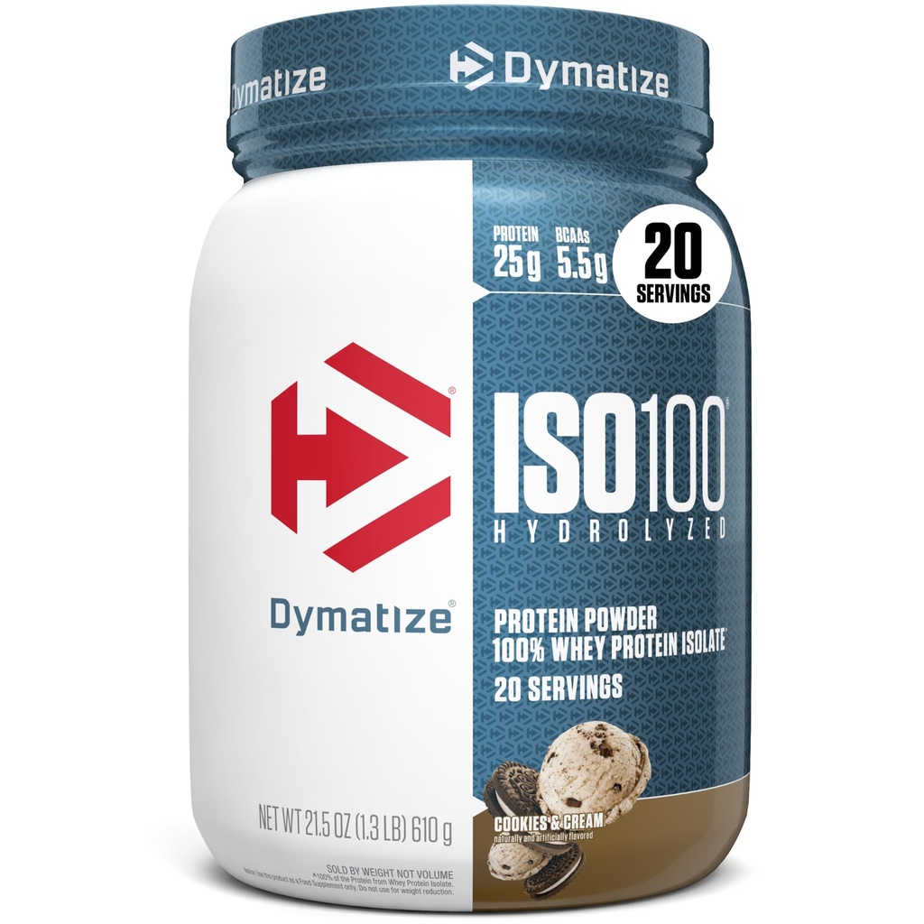 Dymatiser la poudre de protéines de lactosérum ISO100, les cookies et la crème, 25g de protéines, 5,5g BCAA, moins de 120 Cal., sans gluten, 1g de gras, 1g de sucre, 2g de glucides (20 portions)