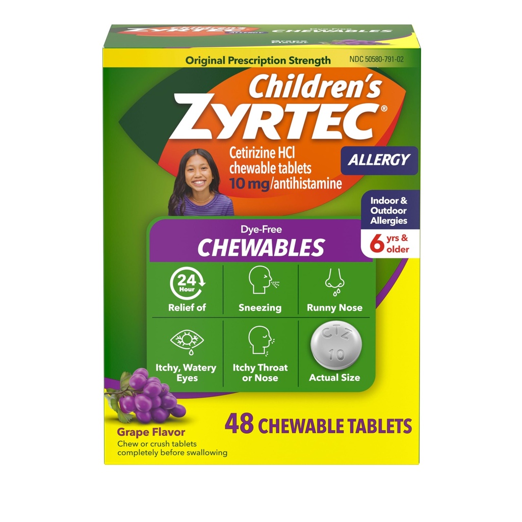 Zyrtec Children's Dye-Free Chewables for 24 Hour Allergy Relief, 10 mg Cetirizine Hydrochloride Antihistamine Tablets, Kids Allergy Medicine Relieves Sneezing & Itchy Throat, Grape, 48 ct