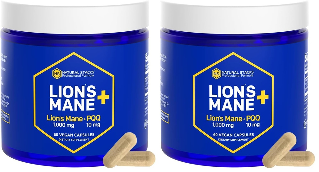 Organic Lions Mane Supplement Capsules - 1000mg Lions Mane Mushroom with 10mg PQQ - Brain Cell Optimizer for Memory, Learning, Mitochondrial Function - 60 Fruiting Body Mushroom Capsules (Pack of 2)