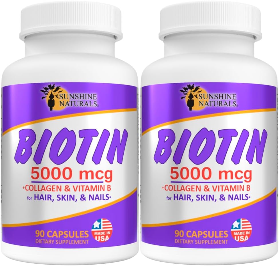 Sunshine Naturals Biotin Dietary Supplément. pour peau plus saine, cheveux plus épais, croissance des ongles. Collagène, vitamine A, B pour la perte de cheveux, beauté, renouvellement cellulaire, santé scalp. 5000 mcg. 90 Capsules. Boîte de 2
