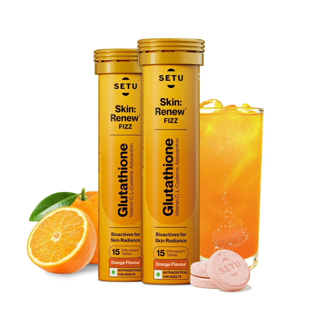 Setu Skin Renew Glutathione Tablets for Glowing Skin | 30 Effervescent Tablets with 500mg L-Glutathione & Vitamin C | Sugar-free Antioxidant & Skin Glow Supplement for Clear Skin | Orange (Pack of 2)