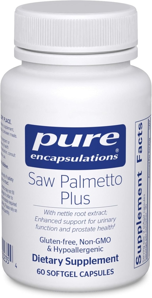 Encapsulations pures Saw Palmetto Plus de sciure avec extrait de racine de nettle pour soutenir la fonction urinaire