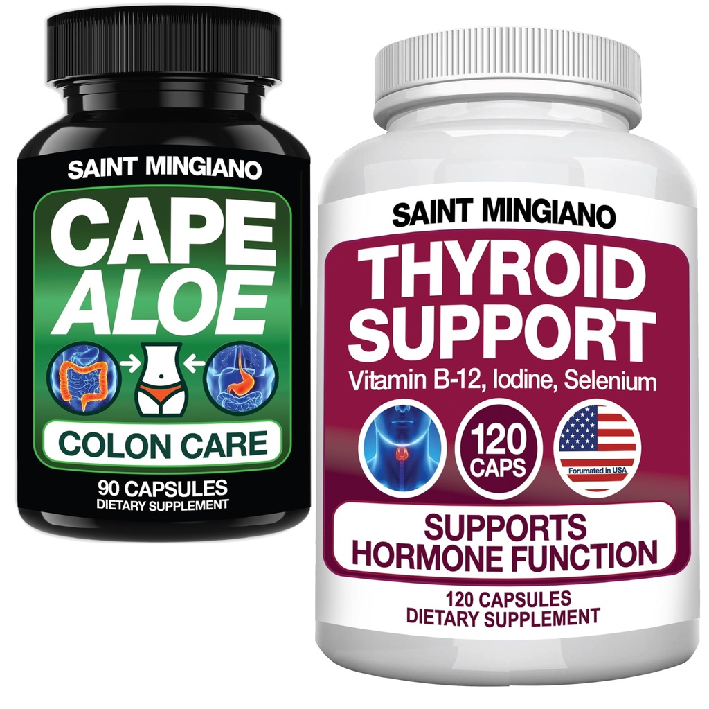 Thyroid Support Supplement with Iodine120 Capsules - with - Aloe Vera Capsules - Colon Cleanse, Detox & Flush 90 Capsules