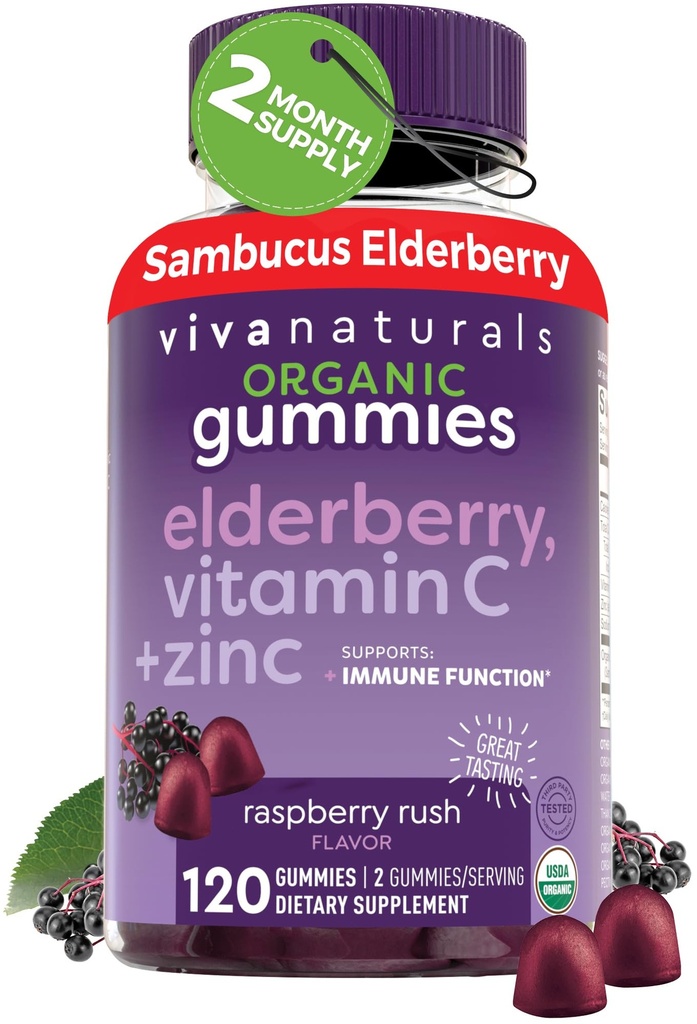 Viva Naturals Gummées de mûrier aîné biologique de Sambucus pour adultes (120 Nombre) - 3en1 Gummées de soutien de la vitamine C et de l'immune du zinc, compléments de mûrier aîné à croquer, gommes d'immunité du zinc