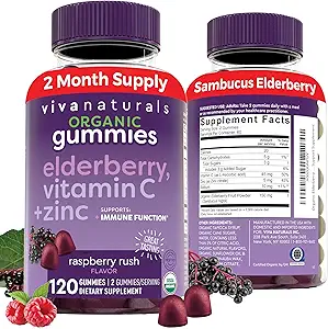 Viva Naturals Gummées de mûrier aîné biologique de Sambucus pour adultes (120 Nombre) - 3en1 Gummées de soutien de la vitamine C et de l'immune du zinc, compléments de mûrier aîné à croquer, gommes d'immunité du zinc