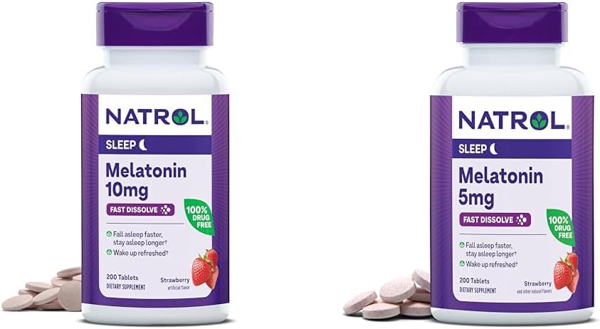 Natrol Melatonin 10mg 200 Tablets & 5mg 200 Tablets Strawberry-Flavored Fast-Dissolve Sleep Support Dietary Supplement Bundle