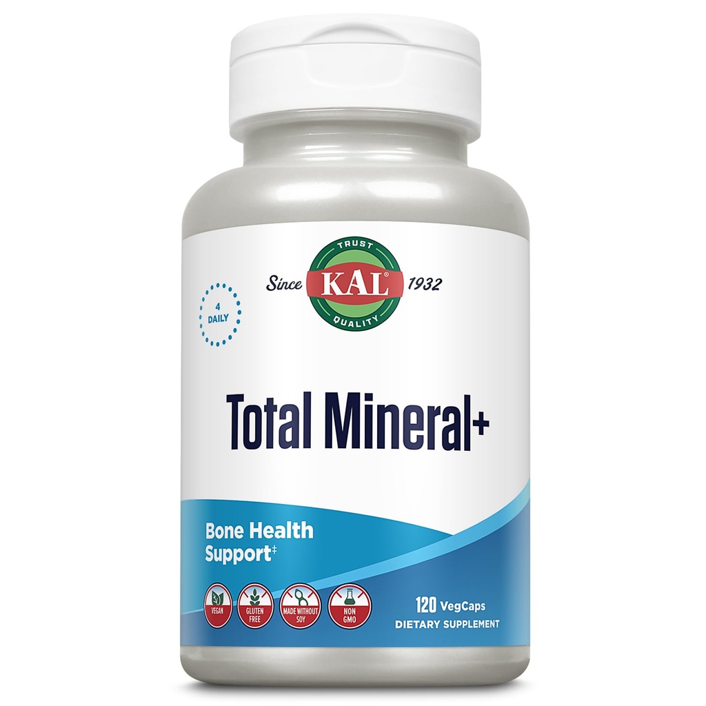 KAL Total Mineral Plus Capsules - Minerals and Trace Minerals for Strong Bones, Immune Support w/Magnesium Glycinate, Zinc, Calcium, Selenium, Iron and More - Vegan, Non-GMO, Gluten-Free, 30 Servings