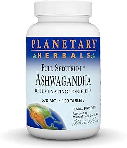 Herbes planétaires Ashwagandha Full Spectrum 570 mg, tonificateur rajeunissant, 120 comprimés