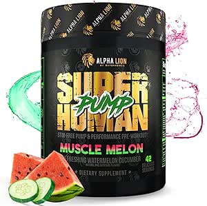 ALPHA LION Pompe Superhumaine Poudre de pré-entraînement, Supplément de pré-entraînement sans caféine et sans Stim, Booster à oxyde nitrique, gaineur musculaire, énergie et focus (42 portions, Muscle Melon Flavor)