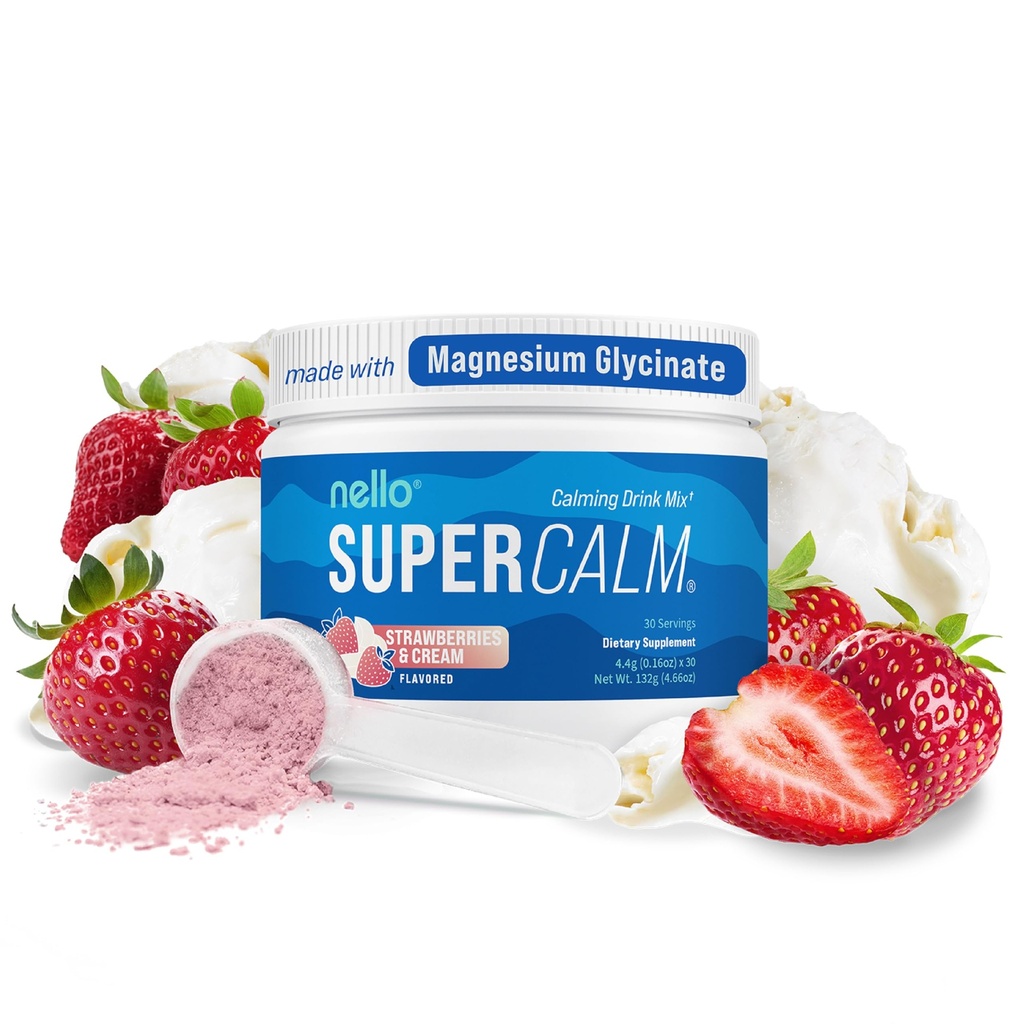 Nello Supercalm Powdered Drink Mix Tub, Cortisol Reducer* and Sleep Aid Supplement, L Theanine, Ksm-66 Ashwagandha, Magnesium Glycinate, Vitamin D 3, No Sugar, Non GMO, 30 Ct, Strawberries & Cream