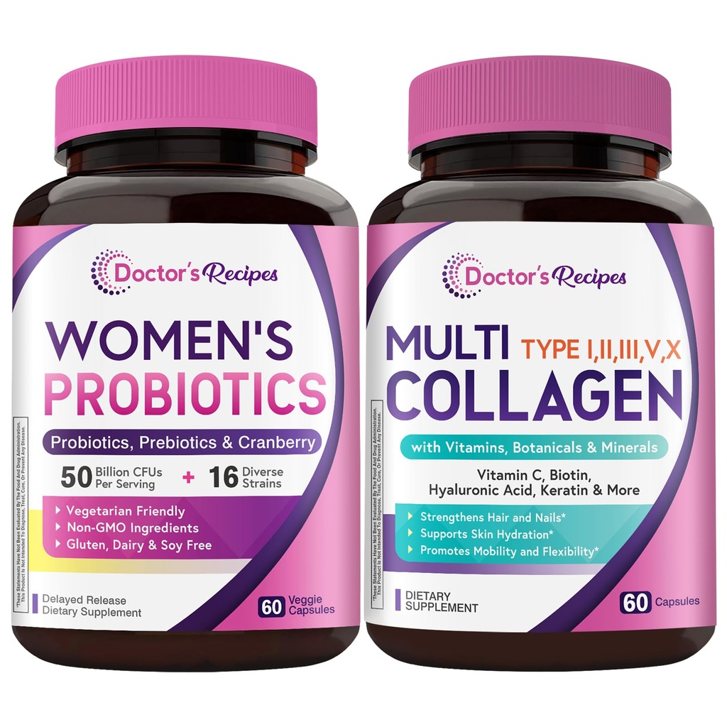 Doctor's Recipes Women’s Probiotic & Collagen Complex Bundle, Digestive, Vaginal & Urinary Health, Hair, Nails, Skin Health, Delayed Release Probiotic Capsules 60ct & Collagen Complex Capsules 60ct