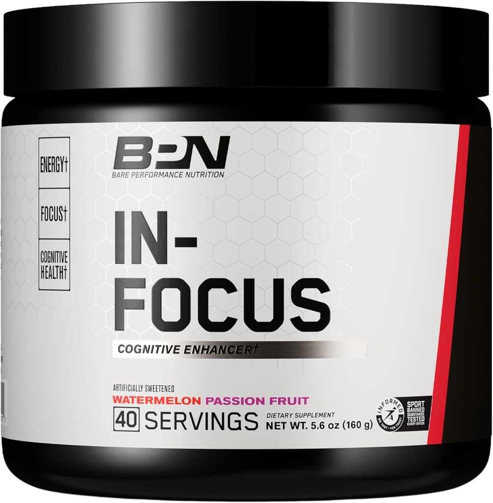 BARE PERFORMANCE NUTRITION, BPN in-Focus Brain Support Supplement, Improve Focus & Energy, Alpha GPC, Watermelon Passionfruit, 40 Servings