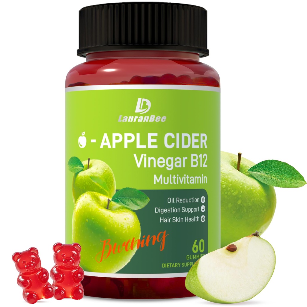 LanranBee Apple Cider Vinegar Gummies 1000mg with Vitamins B12 Multivitamin ACV Supplement Gummy – Supports Digestion, Energy, Weight Management & Gut Health – Vegan, Non-GMO, Gluten-Free – 60 Count