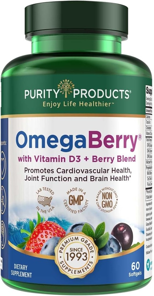Produits de pureté OmegaBerry Huile de poisson avec vitamine D3 et d'açai biologique - 1250mg Distillé moléculairement Distillé Ultra Pure Omega-3 Huile de poisson, 500mg DHA + 650mg EPA - 60 gels doux - 30 jours d'approvisionnement de