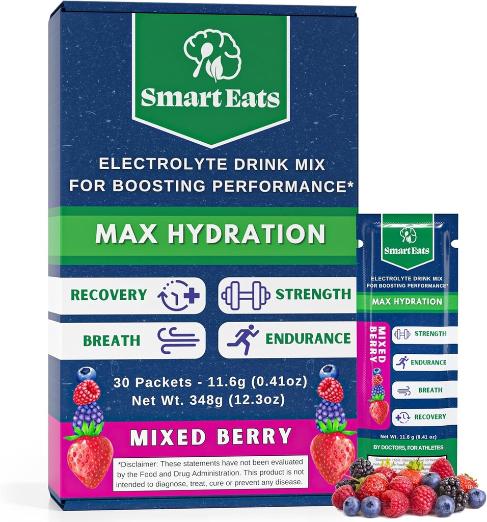 Smart mange de la poudre d'électrolyte - 1,690mg Electrolytes, 9 minéraux et vitamines essentiels, 5 antioxydants, hydratation rapide et énergétique, conçue par les médecins, <1 Gram Sucre, Arôme des baies acides - 30 paquets