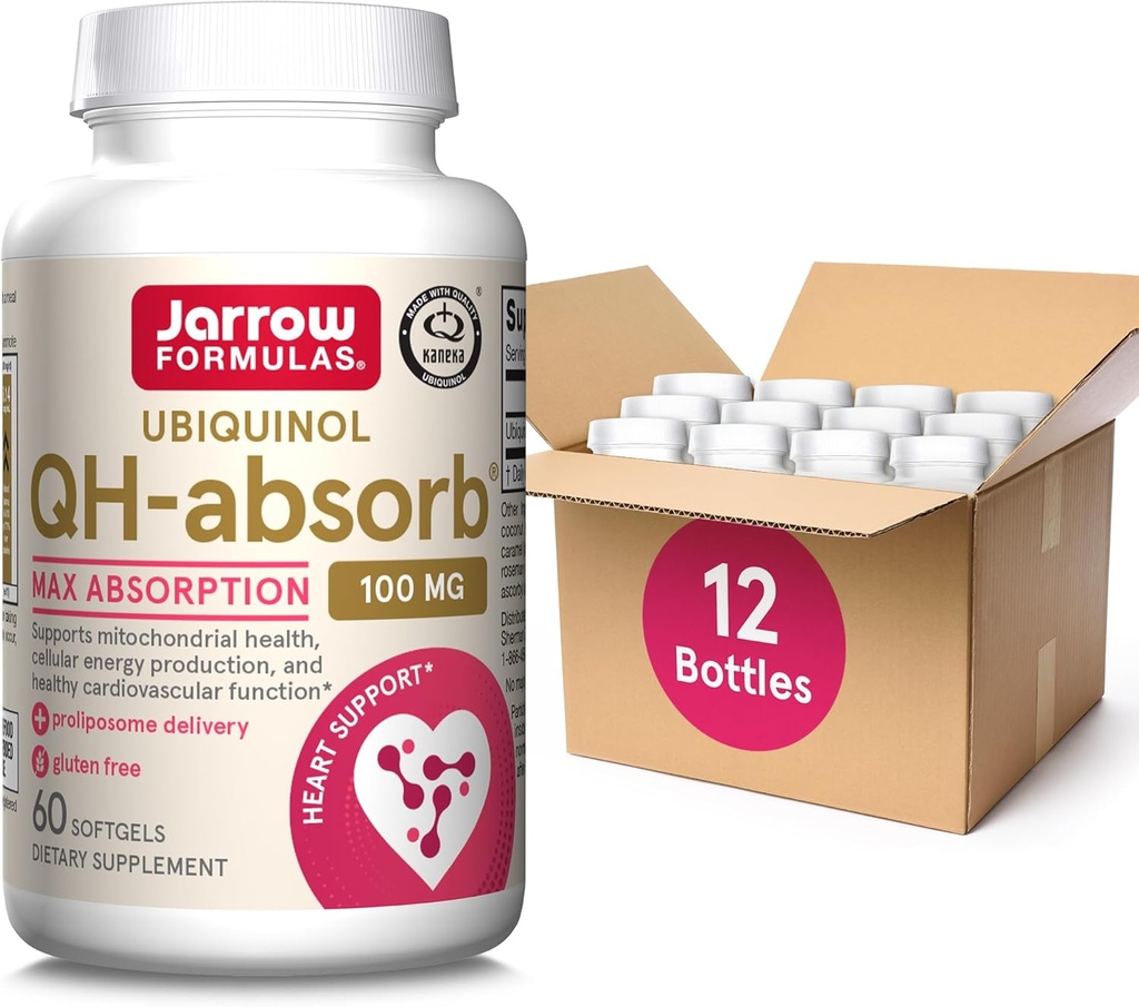 Formules de Jarrow QH-Absorb 100 mg Max Absorption- CoQ10 Ubiquinol- Jusqu'à 60 portions (Sofgels) - Soutient la santé mitochondriale, la production d'énergie cellulaire et la fonction cardiovasculaire saine, paquet de 12