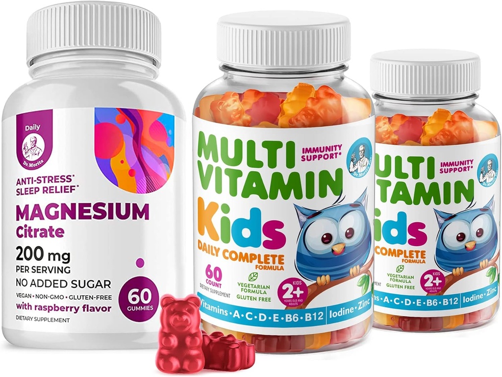 Gummies multivitamines pour enfants 14 vitamines essentielles et gommes de magnésium sans sucre - supplément quotidien Vitamine A,C,D,E Végétarien B6&B12,Zinc,Biotine au magnésium sans sucre