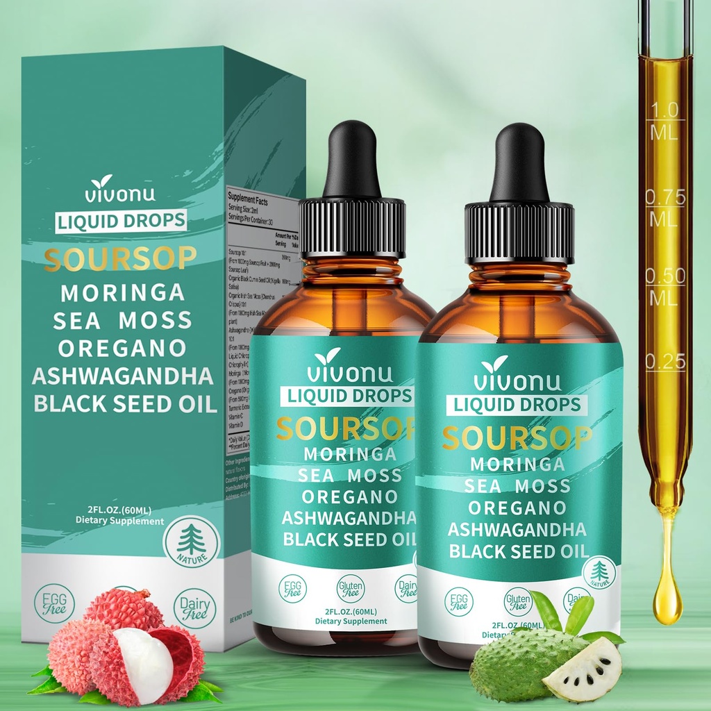 (2 Pack) Soursop Bitters Liquid Drops 3000mg, 10-in-1 Soursop Drops with Ashwagandha, Black Seed Oil, Moringa, See Moss Vitamins for Natural Antioxidant, Cell Support & Regeneration, Immune Boost