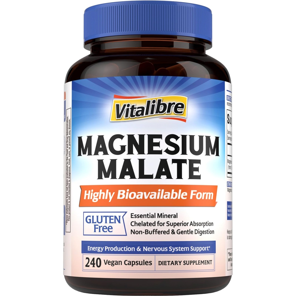 Vitalibre Magnesium Malate 240 Capsules, Chelated Magnesium Supplement with Malic Acid, Energy Production& Nervous System Support, Enhanced Absorption, Vegan Friendly, Non GMO, Gluten Free