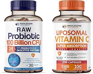 Bien-être sain Probiotiques biologiques 100 milliards CFU, Dr Formulé pour les femmes et les hommes + Capsules de vitamine C liposomique (200 pilules 1500mg buffered)