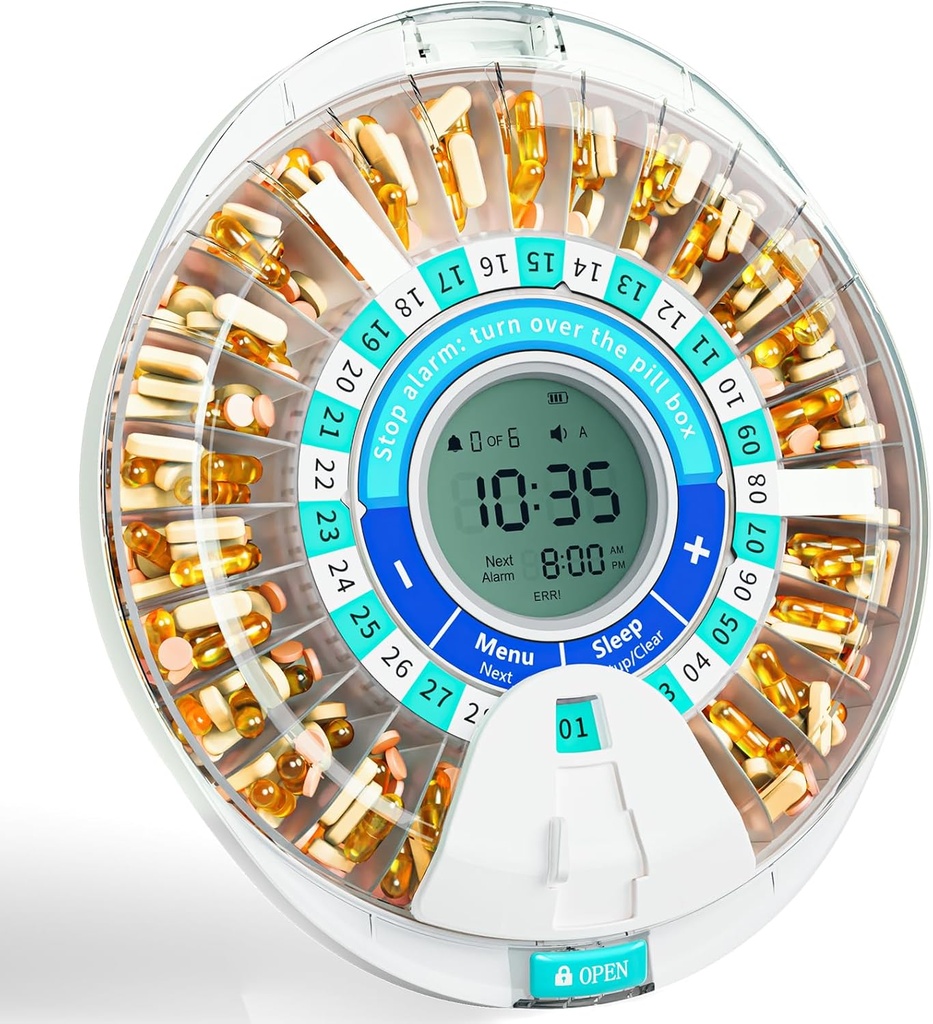 Windtrace Distributeur automatique de pilules pour les personnes âgées, Organisateur mensuel électronique de pilules avec alarme et lumière, 28 jours Smart Lock Distributeur de médicaments, Timed Pill Dispenser Machine pour ordonnances et vitamines