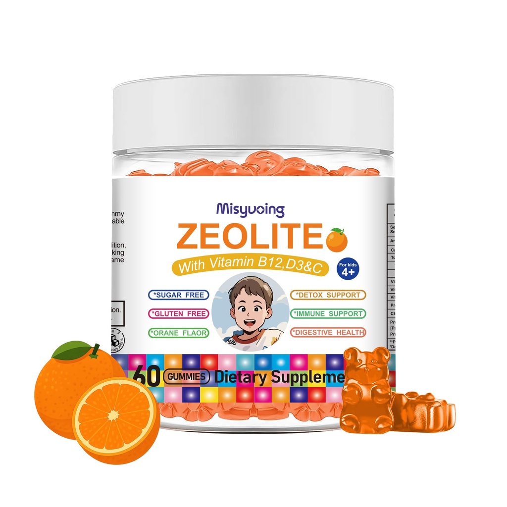 Zeolite for Kids&Adults Supports Cell Restoration,Natural Body Cleanse,Support Digestive Health,Immune System,Improves Focus,Vitamin B12, D3&C, Sugar-Free (60 Count, Compound Orange)