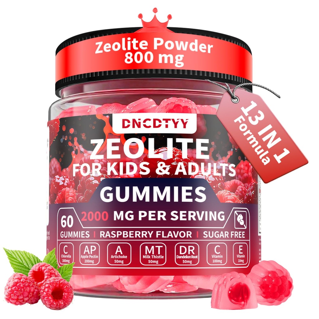 Zeolite Detox for Kids & Adult Sugar Free Zeolite Detox Gummies with Chlorella, Apple Pectin, Artichoke, Milk Thistle, Dandelion, Vitamin C & E for Immune & Gut 60 Counts Raspberry Flavor
