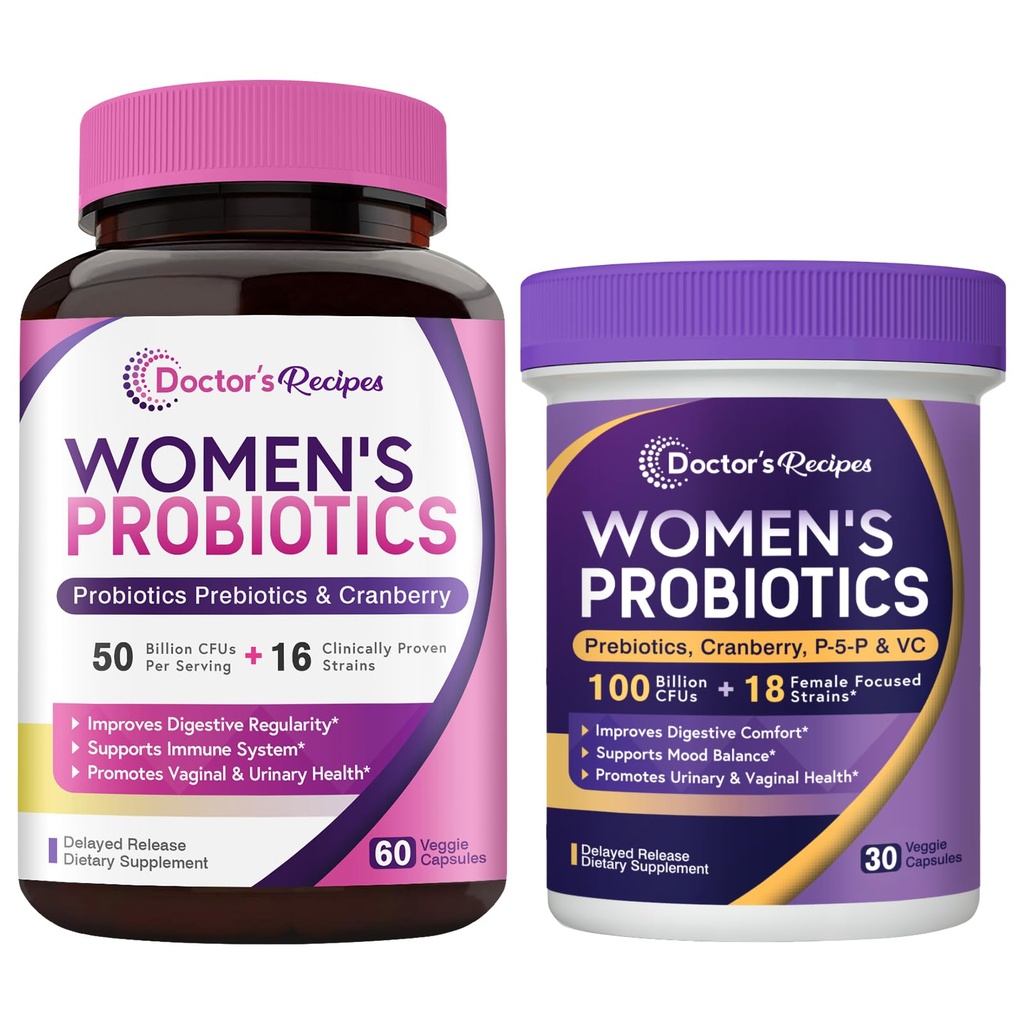 Doctor's Recipes Women’s Care Bundle, 100 Billion CFU Probiotics, Vitamin B6 P5P, Digestion, Vaginal Urinary & Immune, Shelf Stable, Bundle & Save