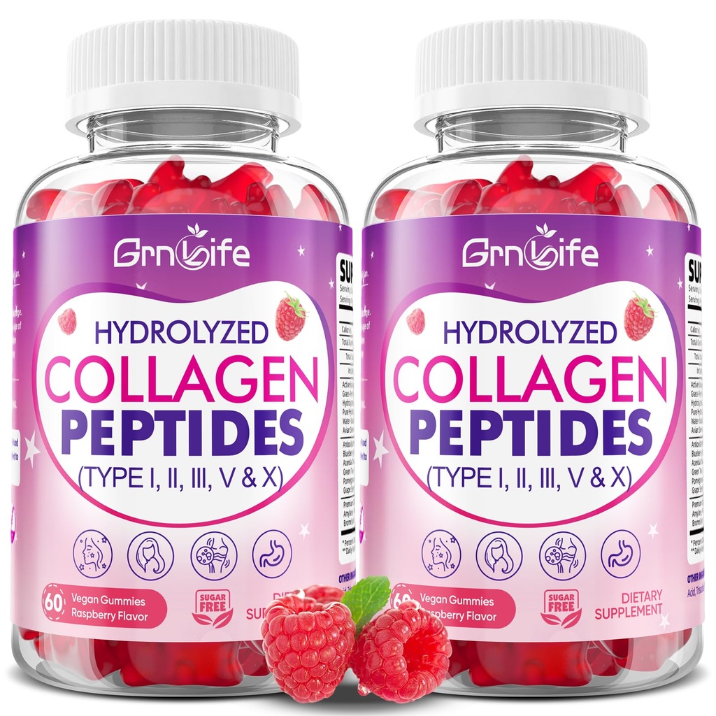 2 Pack Collagen Gummies for Women & Men Sugar-Free, Hydrolyzed Collagen Peptides with Antioxidant Blend & Digestive Enzymes, Multi Collagen(Type I,II,III,V,X) for Skin Hair Nails, Raspberry, 120 Count