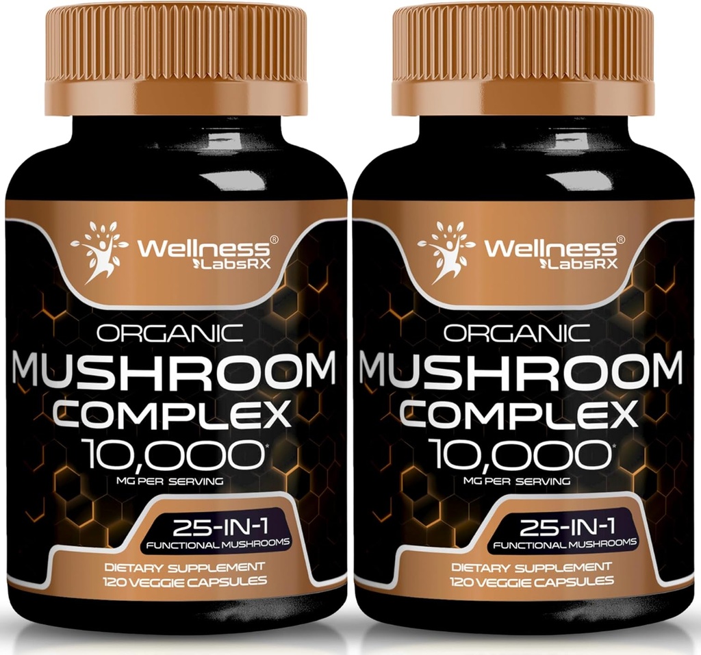 WELLNESS LABSRX Mushroom Supplément Capsules 10:1 Extrait, Mushroom complexe Capsules 1000mg, Lions Lamane Supplément avec la queue de dinde, Cordyceps, Reishi - 2 Pack