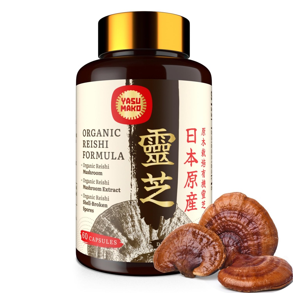 Supplément de champignons japonais Reishi 800mg avec extrait de champignons Reishi 500mg et spores en coquille 200mg, Capsules de champignons organiques pour système immunitaire - corps de fruits réels (paquet de 1)