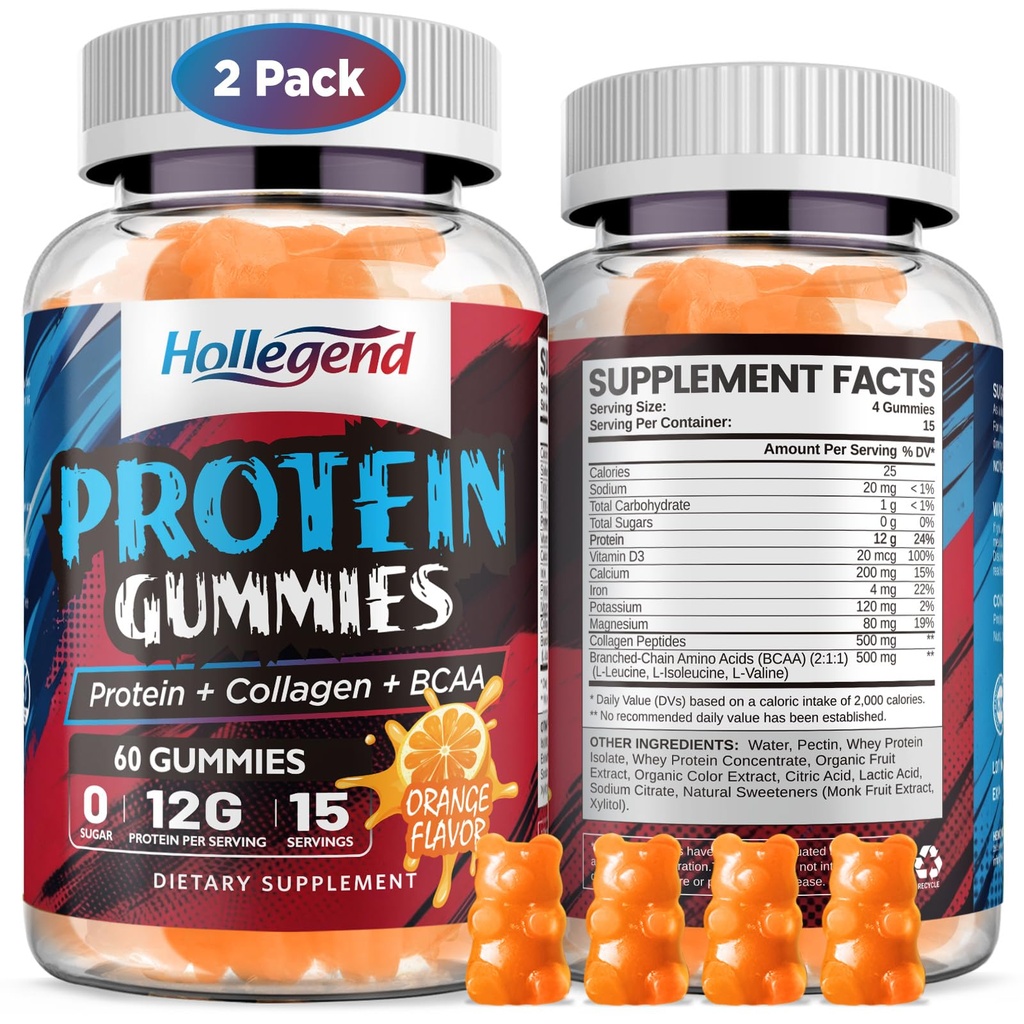 Whey Protein Gummies for Women Men, 12g High Protein Supplements with Collagen & BCAA for Muscle & Energy Recovery, Sugar-Free & Low Calorie Snacks, Orange, 120 Chews
