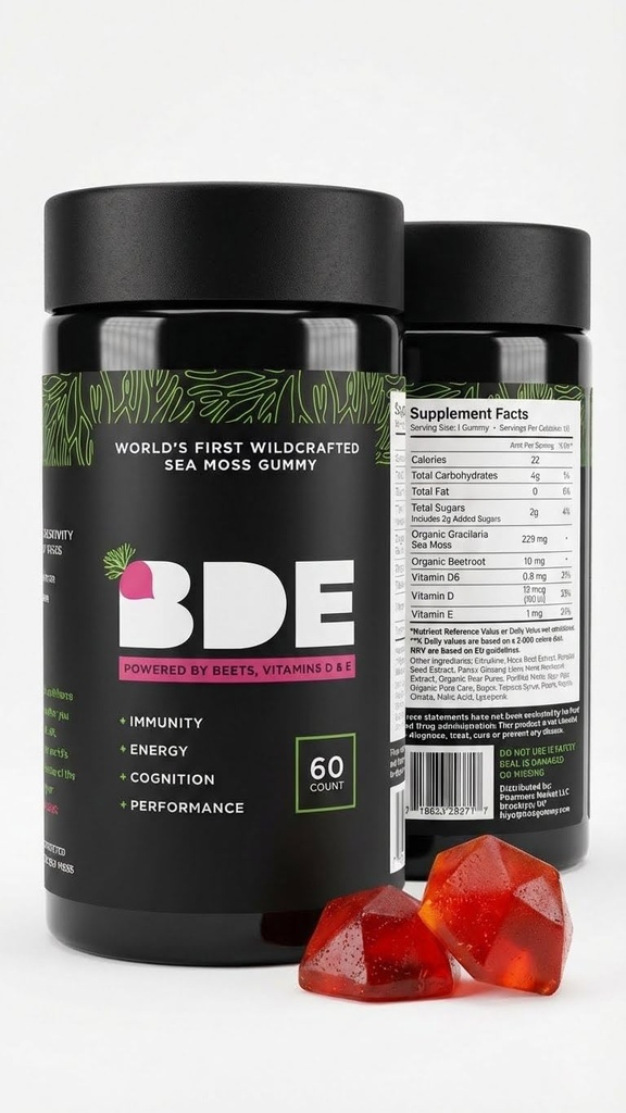 BDE Wildcrafted Sea Moss Gummy Maca Root, Beets, Lions Mane Mushroom, Vitamin D + E - Vegan Collagen, Zinc, Immunity & Detox, Gut Health - 60 Count