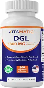 Vitamatic DGL Licorice 3800 mg Équivalent par portion (à partir de 10:1 Extrait 380 mg) - 10X Stronger - Soutient des fonctions digestifs et respiratoires saines - 200 Capsules