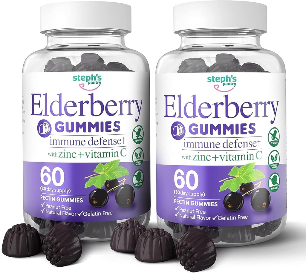 Gummées de baies aînées avec vitamine C et zinc - Immune Booster Gummées de baie aînée pour adultes et enfants - Vegan Natural Ingredients Multivitamines de défense avec support antioxydant (120 Gummées)